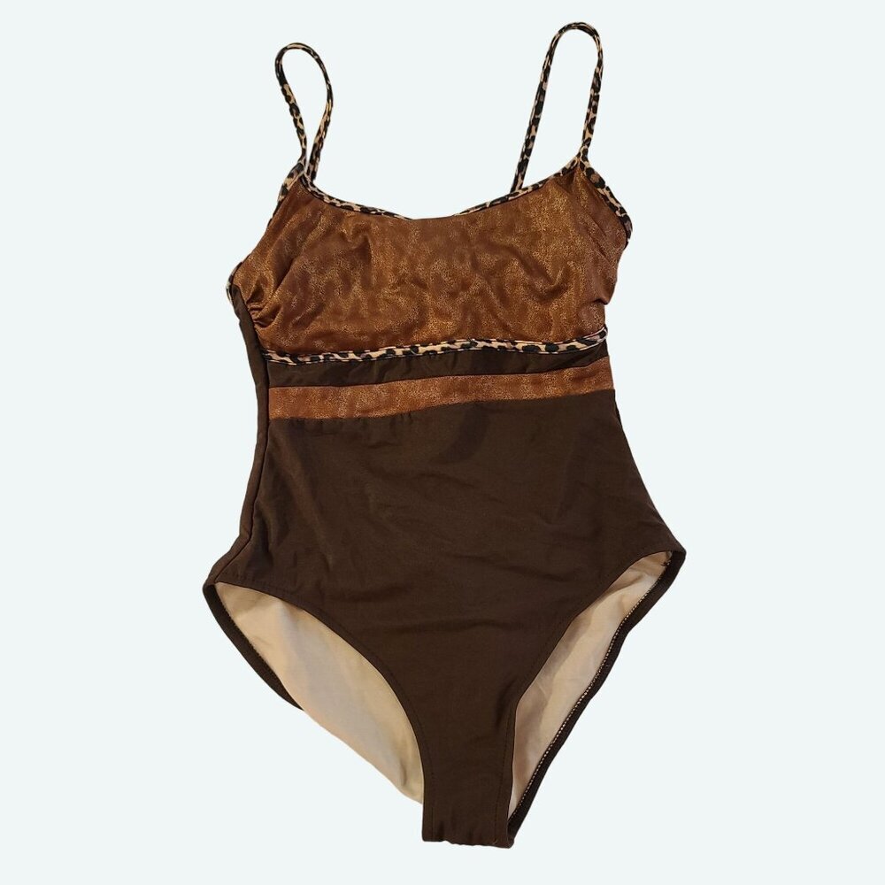 Carol Wior‎ Women's One-Piece Swimsuit Leopard Trim Brown Copper Size 10